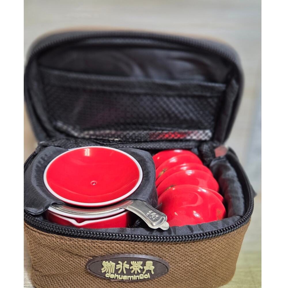 Dehua Porcelain Gongfu Travel Tea Set 12 Pc Red Gold Dragon Cups Case New